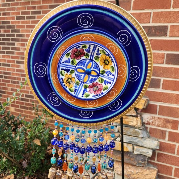 Blue Orange Plate Dish Flower Windchime SunCatcher Lampwork Beads Tin Bells - Picture 1 of 3